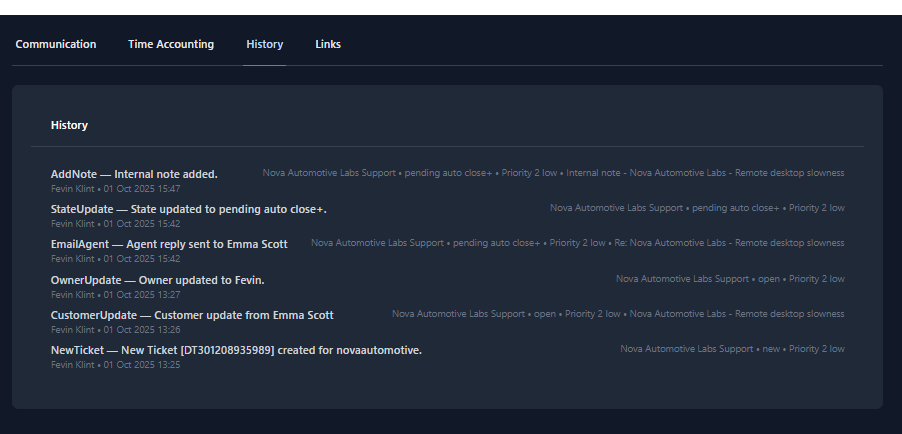 Ticket Zoom history and links fragments showing populated timeline