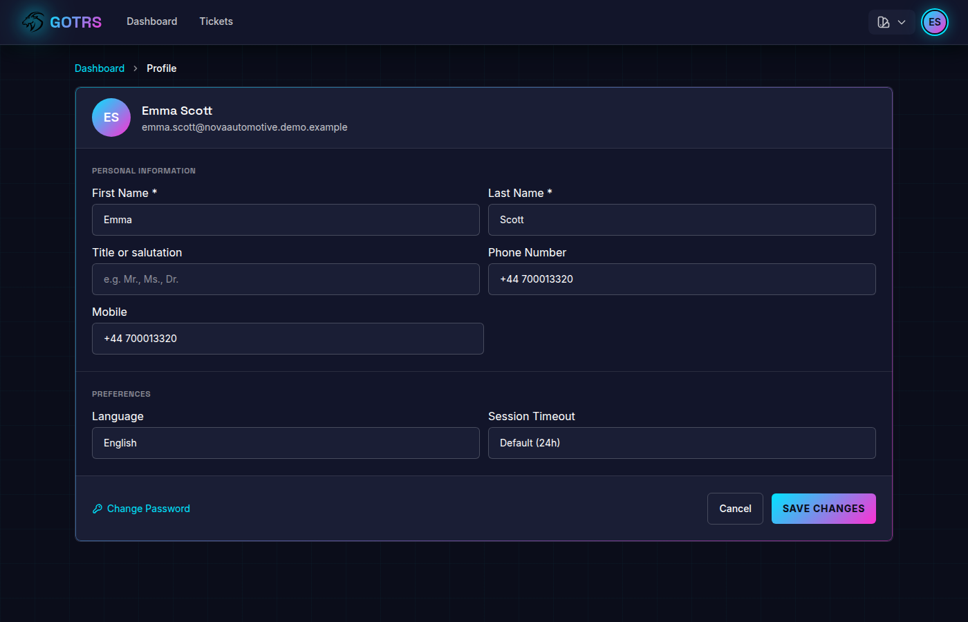 Customer profile page