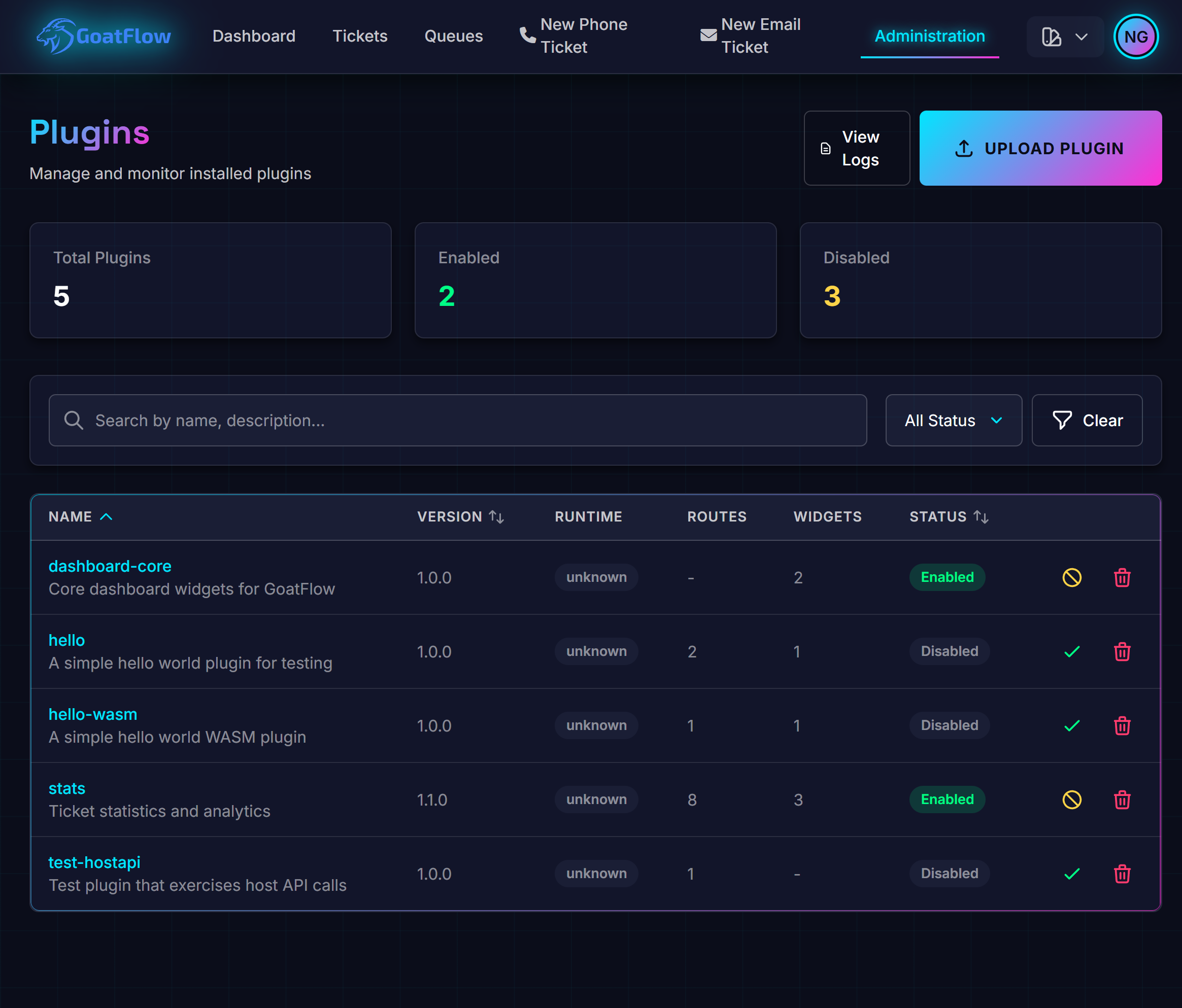 GoatFlow Plugin ADmin Interface