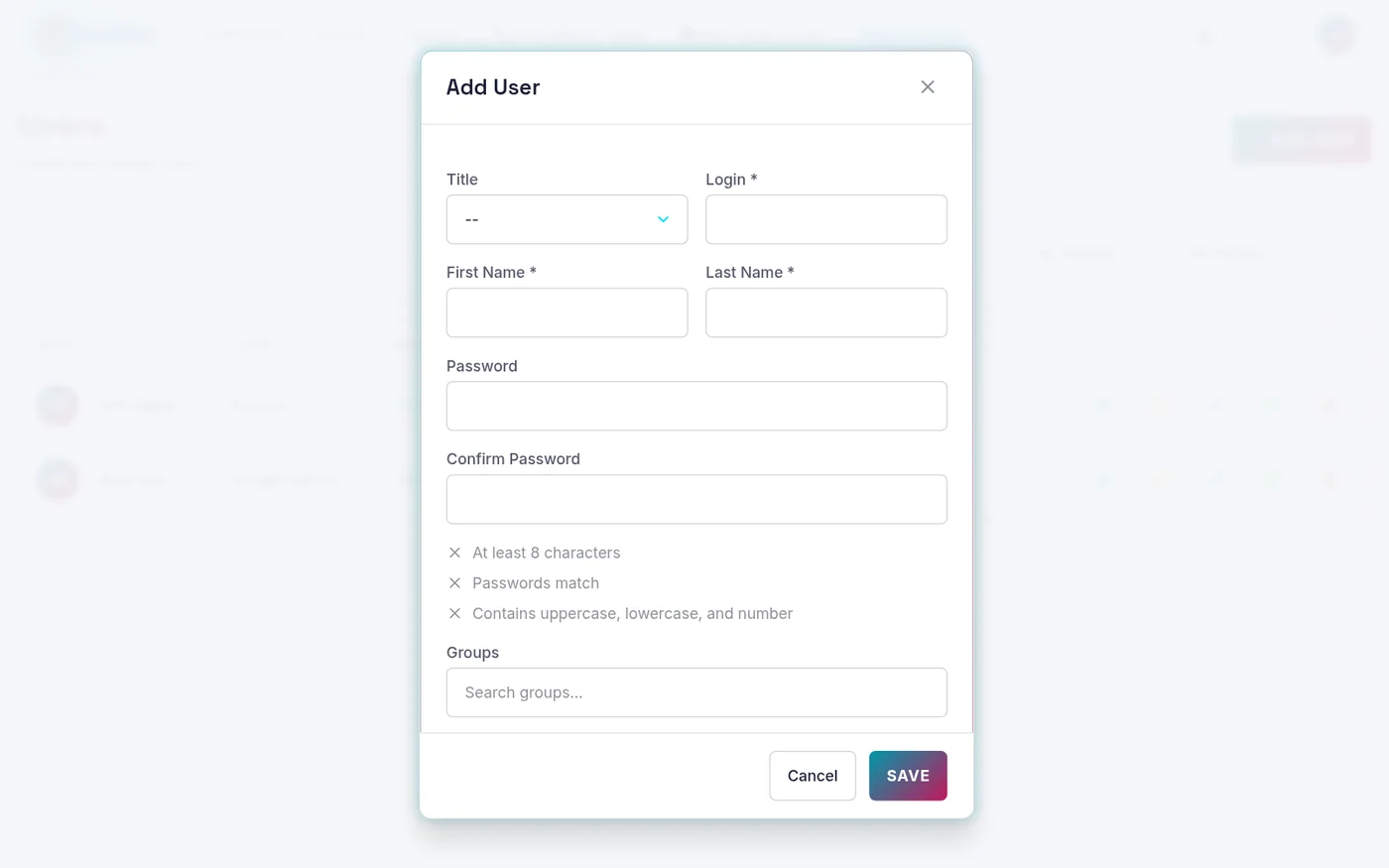 Admin Users group multi-select
