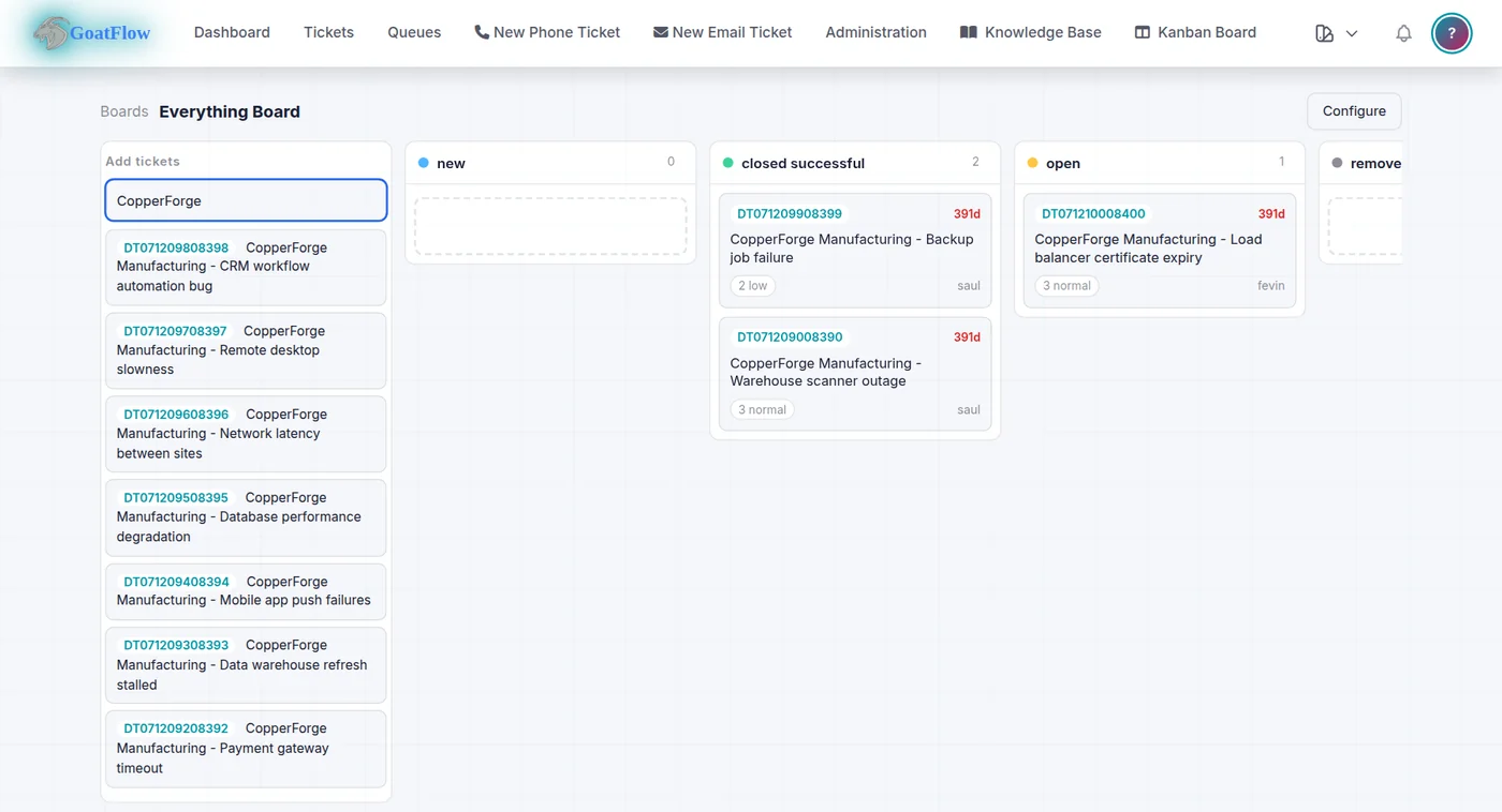 goat-kanban: the ticket palette searching for CopperForge tickets next to the board&rsquo;s state columns