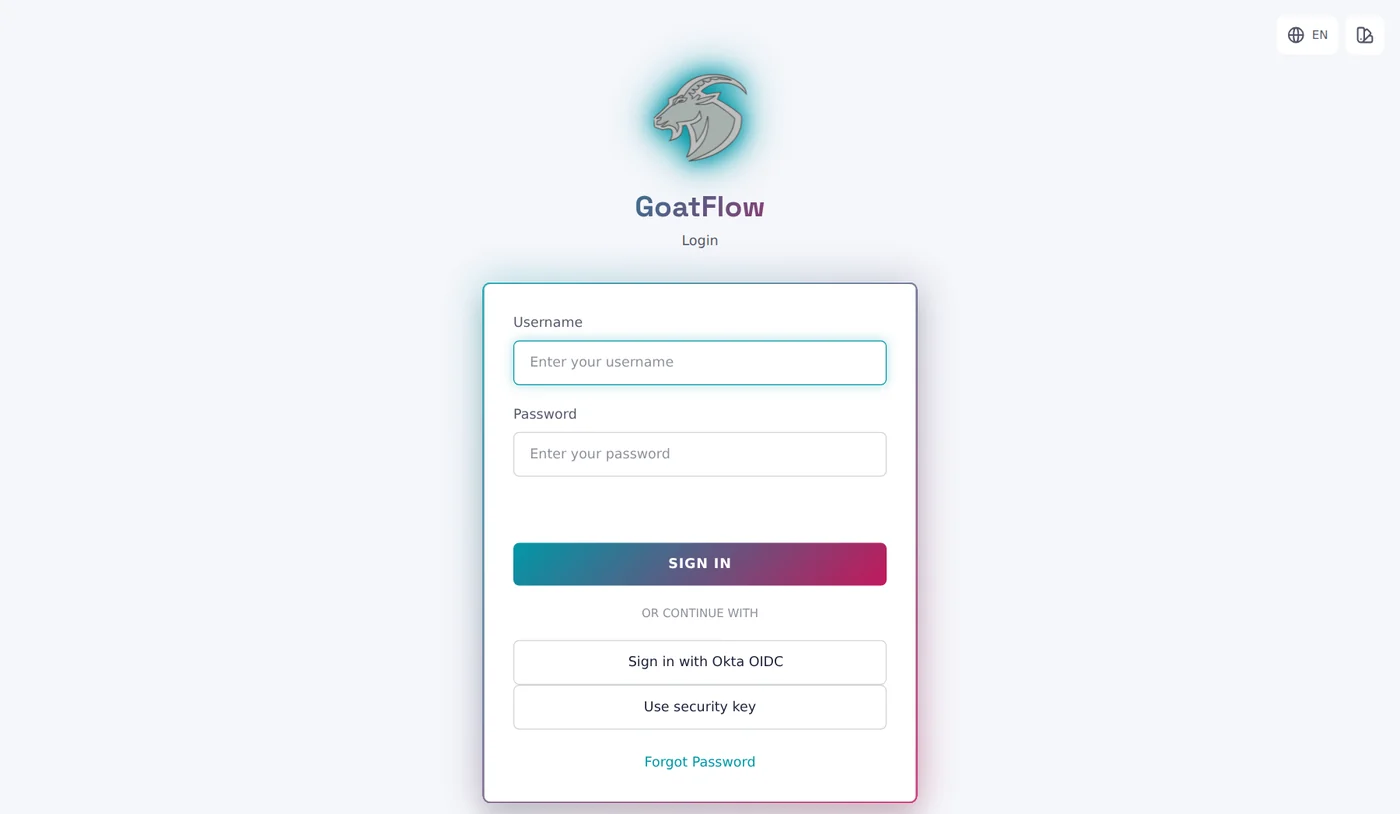 The GoatFlow login page: password, single sign-on, security key and Forgot Password