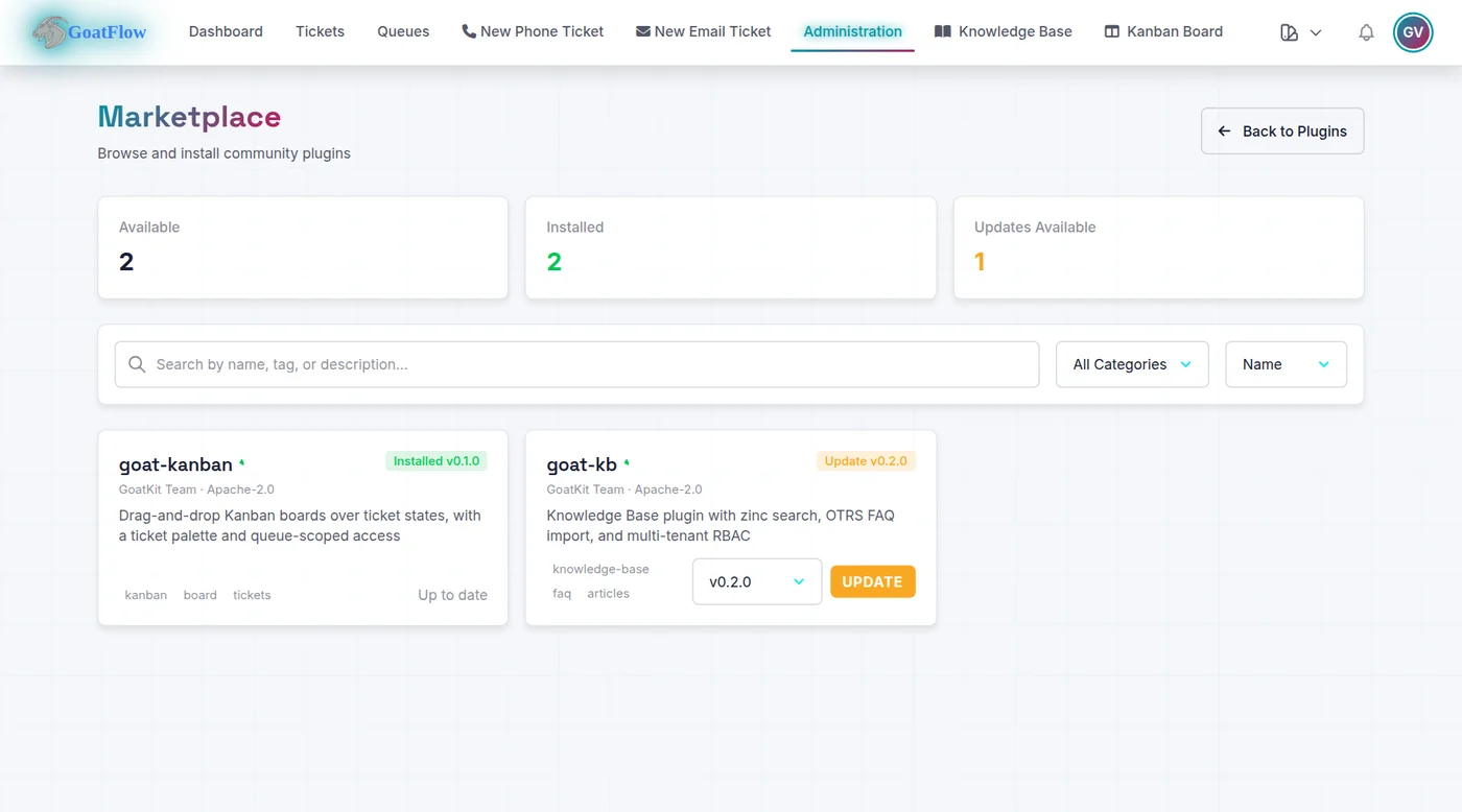 Admin marketplace: goat-kanban installed, goat-kb update to v0.2.0 with a version picker